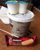 First class train snacks including tea and shortbread on way to Edinburgh